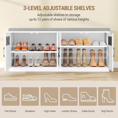 Hzuaneri 2 Tier Shoe Storage Bench with Doors, 47.2" Farmhouse Shoe Bench with Padded Cushion, 12 Pairs of Bed End Bench, Entryway Bench with Storage for Bedroom, Living Room, White SB61203X