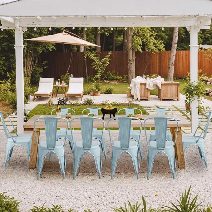Furmax Metal Dining Chair Indoor Outdoor Use Stackable Chic Side Classic Trattoria Metal Chairs Set of 4 for Kitchen, Dining Room, Bistro and Cafe (Distressed Blue)