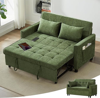 Tbfit 57" Loveseat Sleeper Convertible Sofa Bed, Futon Couch with Pullout Bed, USB & Adjustable Backrest, Chenille Full Size Pull Out Couches for Living Room, Apartment, Office, Dorm, RV, Green