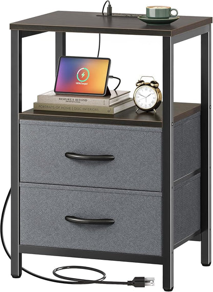 Huuger Nightstand with Charging Station, Fabric Drawers, End Table with Open Shelf, Bedside Table with USB Ports and Outlets, Night Stand for Bedroom, Walnut