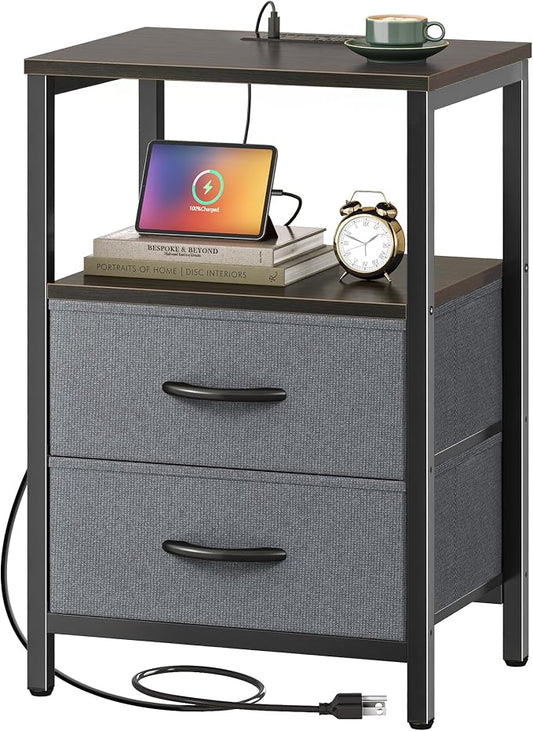 Huuger Nightstand with Charging Station, Fabric Drawers, End Table with Open Shelf, Bedside Table with USB Ports and Outlets, Night Stand for Bedroom, Walnut