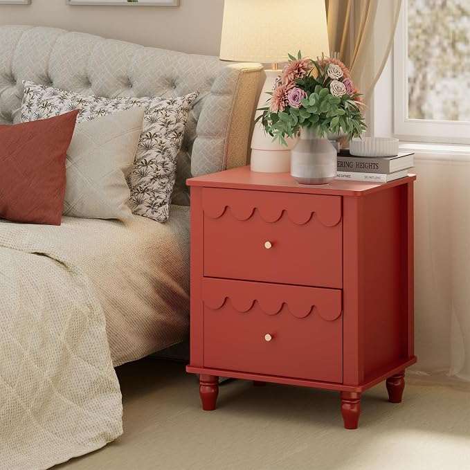 Anbuy Red Nightstand with Petal Pattern, Modern Night Stand with 2 Drawers for Bedroom, Side End Table Scalloped Bedside Night Tables with Solid Wood Legs