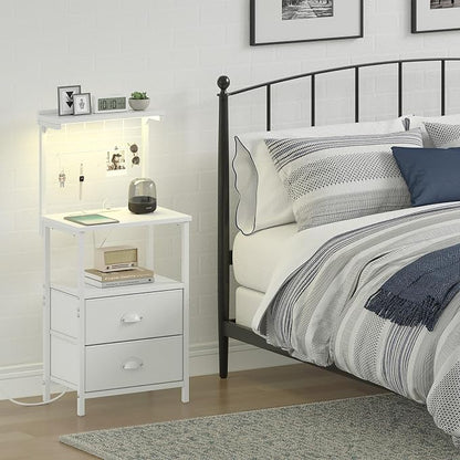 sthmec Tall Nightstands with Charging Station, LED Night Stand Bedsides with 2 PU Finish Fabric Drawers,Hooks,USB Port and Oepn Storage Shelves,Tall End Table Bedside for Bedroom,Office, White
