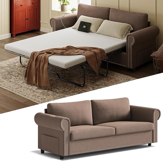 Queen Pull Out Sofa Bed | 83" Large Sleeper Sofa with Queen Size Mattress | 2-in-1 Convertible Loveseat Sofa-Bed with USB Ports Side Pockets Brown