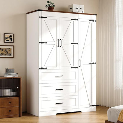 3 Door Armoire Wardrobe Closet Cabinet with 3 Drawers and Drawers, Farmhouse Bedroom Armoire with Hanging Rod and Adjustable Shelves, Large Capacity Storage Wardrobe Armoire for Bedroom, White
