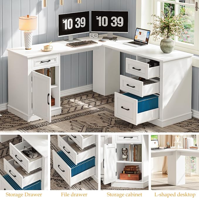 Vabches Farmhouse 59" L-Shaped Executive Desk with Drawers, Wood Home Office Corner Desk with File Drawer, Storage Cabinet, Rustic Computer Writing Desk for Home Office Cream White
