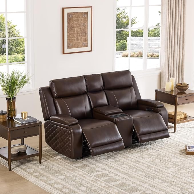 Watson & Whitely Genuine Leather Power Loveseat Recliner Sofa, Zero Gravity Reclining Sofa with Console, Power Headrest & Wireless Charging, Cup Holder, 2-Seater Recliner for Living Room, Dark Brown