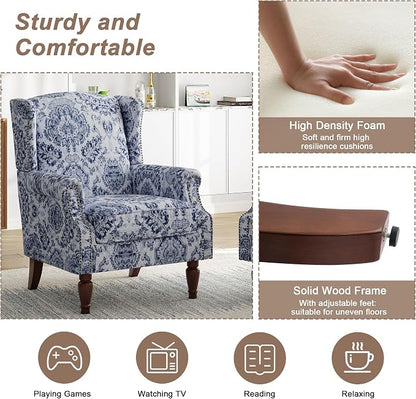 Pia Ricco Set of 2 Floral Accent Chairs, High Back Upholstered Armchairs with Retro Wingback Design, Nailhead Trim & Solid Wood Legs for Living Room Bedroom(Flower Navy)