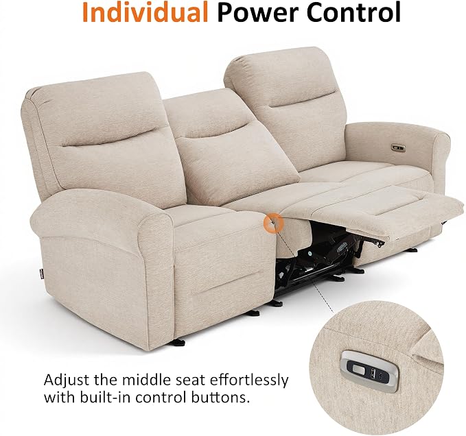 MCombo 87.8" Wall Hugger Power Reclining Sofa, 3-Seat Triple Recliner Couch with USB Ports, Rolled Arm Space Saving Recliner Sofa for Living Rooms Apartments RV, Fabric PR635M5 (Beige)