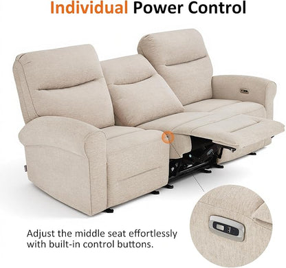 MCombo 87.8" Wall Hugger Power Reclining Sofa, 3-Seat Triple Recliner Couch with USB Ports, Rolled Arm Space Saving Recliner Sofa for Living Rooms Apartments RV, Fabric PR635M5 (Beige)
