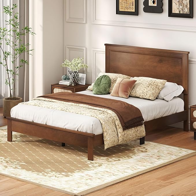 GOFLAME Full Size Wood Bed Frame, Mid-Century Modern Platform Bed with Headboard, Solid Wood Legs, Mattress Foundation with 12 Wooden Slats, No Box Spring Needed, Walnut