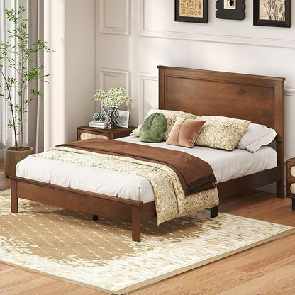 GOFLAME Full Size Wood Bed Frame, Mid-Century Modern Platform Bed with Headboard, Solid Wood Legs, Mattress Foundation with 12 Wooden Slats, No Box Spring Needed, Walnut