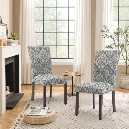 Parsons Dining Chairs Set of 4, Upholstered Nailhead Dining Room Kitchen Side Chair with Thick Cushions and Wood Legs, White/Blue