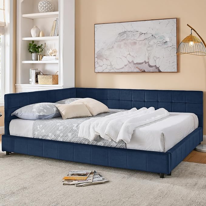 Bellemave Queen Size Corner Bed Frame with Comfortable Backrest and Armrests, Velvet Tufted Corner Bed Frame Queen Size, Upholstered Daybed for Bedroom, Living Room, Guest Room, Dark Blue