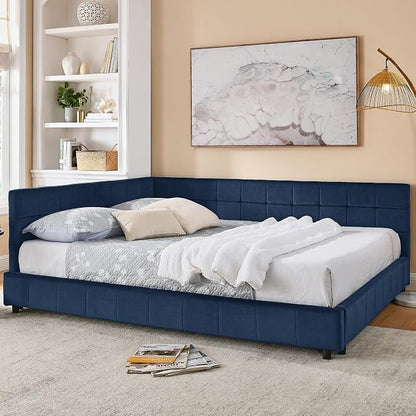 Bellemave Queen Size Corner Bed Frame with Comfortable Backrest and Armrests, Velvet Tufted Corner Bed Frame Queen Size, Upholstered Daybed for Bedroom, Living Room, Guest Room, Dark Blue