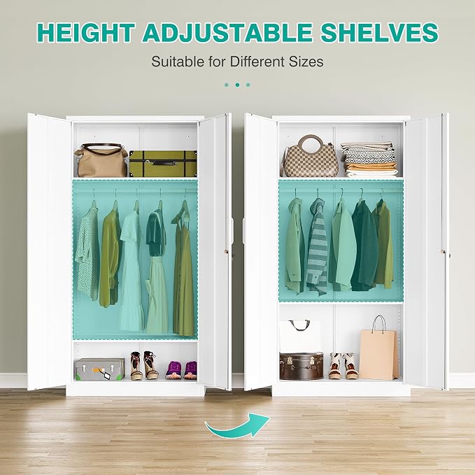 Metal Wardrobe Cabinet with Hanging Rod & Lock,White Armoire Wardrobe Closet,Metal Clothing Storage Cabinet with Adjustable Shelves and Doors,72" Armoire Storage Cabinets for Home,Living/Laundry Room
