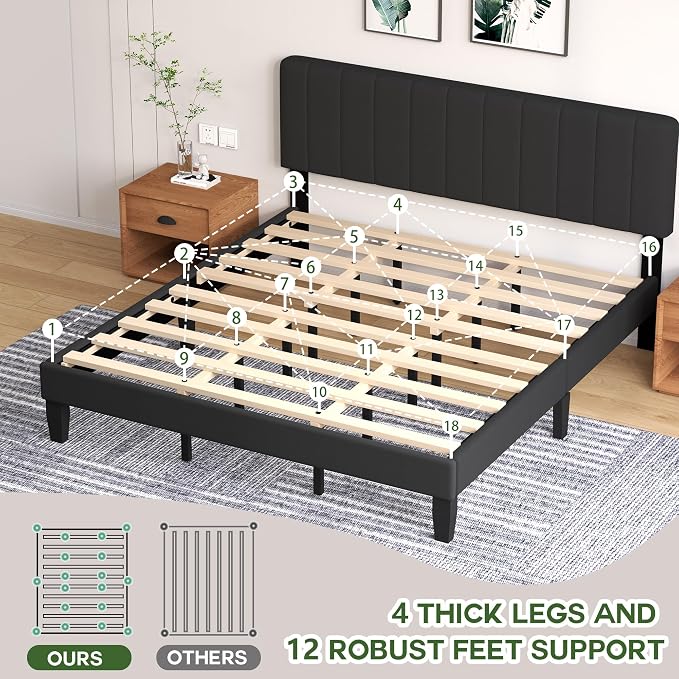 King Size Bed Frame with Velvet Upholstered Platform Bed and Wooden Slats Support, Adjustable Height Headboard/No Box Spring Needed/Easy Assembly/Mattress Foundation, Black