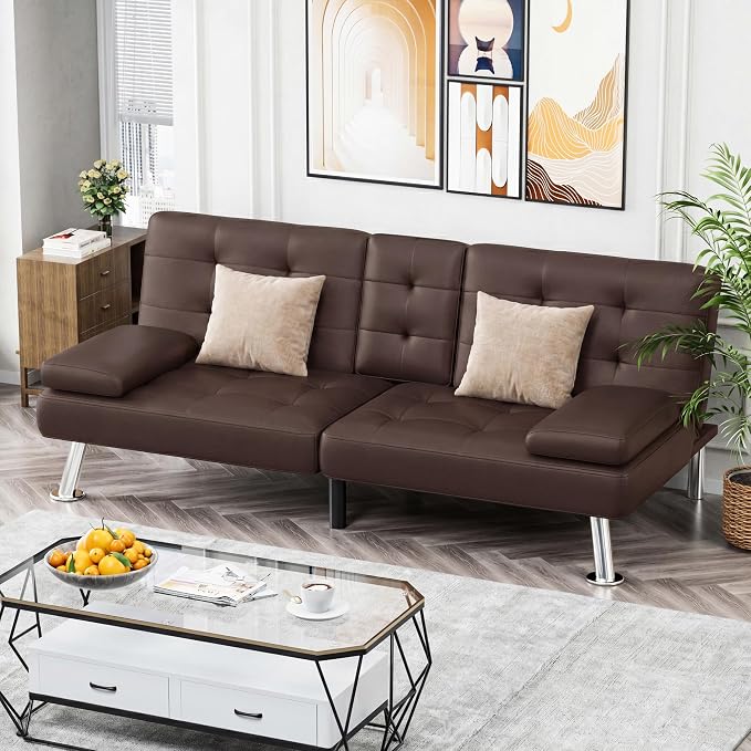 Homall Futon Sofa Bed, Leather Futon Couch with Removable Armrests, Adjustable Recliner Sleeper Sofa Bed with Dual Cup Holders for Living Room, Apartment, Office (Brown)