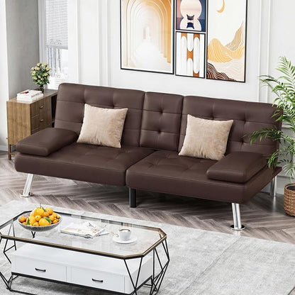 Homall Futon Sofa Bed, Leather Futon Couch with Removable Armrests, Adjustable Recliner Sleeper Sofa Bed with Dual Cup Holders for Living Room, Apartment, Office (Brown)