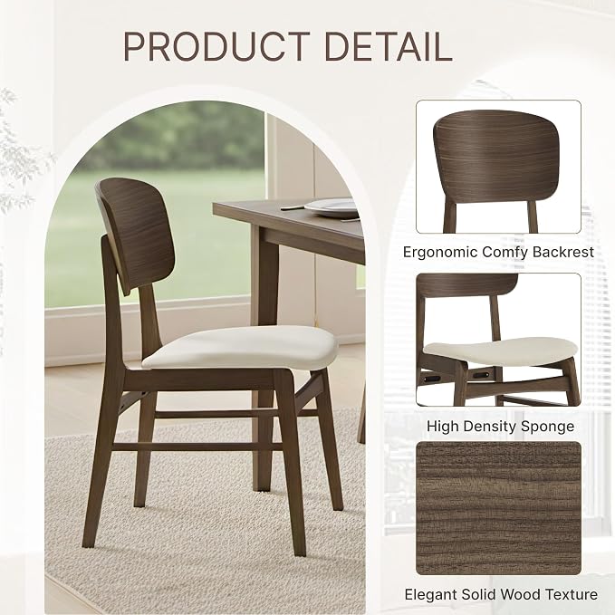 KISLOT Wooden Dining Chairs Set of 6, Upholstered Modern Dining Room Chairs, Mid Century Oak Kitchen Chairs with Ergonomic Wood Backrest for Farmhouse, Restaurant, Café (Cream Fabric & Walnut Color)