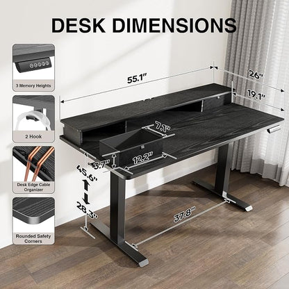 Veken 55x26 in Electric Standing Desk with Drawers, Adjustable Table, Black | Stand up Computer Desk for Home Office, Work & Study, with Storage, 3 Memory Presets, Cable Organizer, Hook, and Quiet Lift.