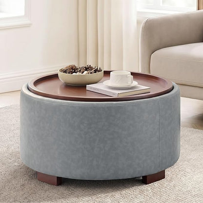 29.1 Inch Round Ottoman Coffee Table, Ottoman with Storage, Leather Grey | Storage Ottoman with Removable Lid Top, Solid Wood Legs, Round Ottoman for Living Room, Bedroom, Apartments