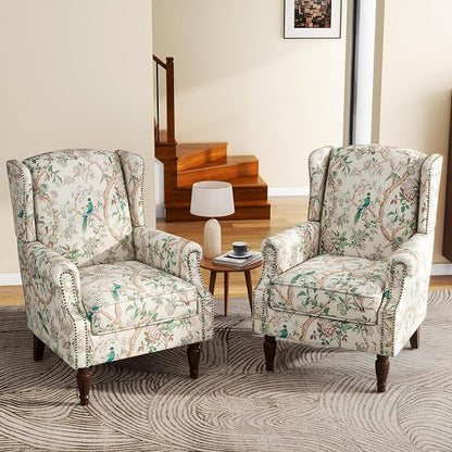 High Back Accent Chairs Set of 2, Fabric Upholstered Armchair Floral Wingback Chair for Living Room, Comfy Single Sofa Solid Wood Legs Bedroom Reading Seat - Pattern Bird