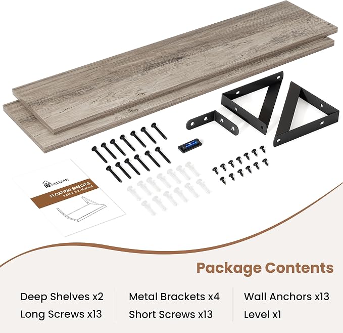 Axeman 40 Inch Grey Wood Floating Shelves for Wall Set of 2 | 8 Inch Deep Wall Shelves, Rustic Wood Bookshelf, Grey Shelves for Living Room Bathroom Bedroom Kitchen Home Office