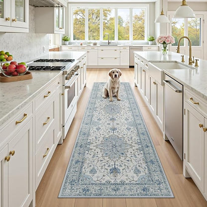 RELEANY Area Rugs Runner 3'x9' Washable Non-Slip, Floral Vintage Distress Medallion Carpet for Kitchen Hallway Bedroom Beside Laundry Room Bathroom, Light Blue Navy Gray White