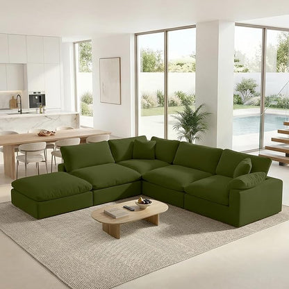 143" Cloud Modular Sectional Sofa,Green Down Filled Sofa 4 Seat with Chaise,Minimalist Sofa Cover Washable and Replaceable Couches for Living Room,Sectional Sofa Deep Seat