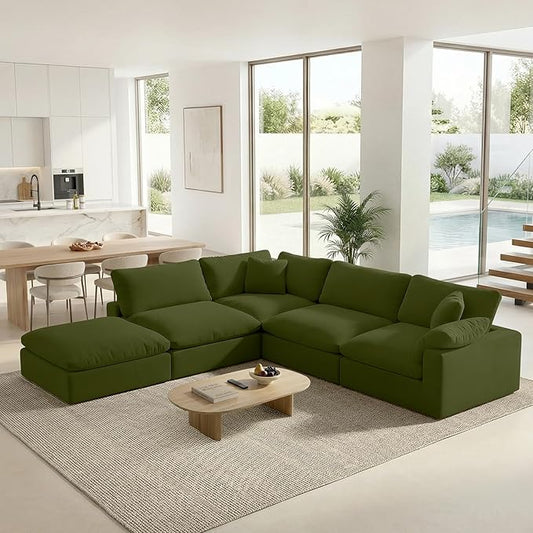 143" Cloud Modular Sectional Sofa,Green Down Filled Sofa 4 Seat with Chaise,Minimalist Sofa Cover Washable and Replaceable Couches for Living Room,Sectional Sofa Deep Seat