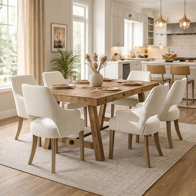Linen Upholstered Dining Chairs Set of 2 with Arms | Cream Linen Fabric, Breathable Upholstery, Curved Backrest, Cushioned Seat, Solid Wood Legs, Farmhouse Style For Dining Room