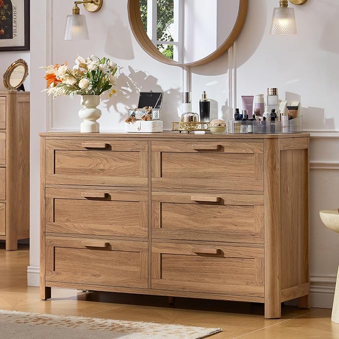 Joaxswe Farmhouse 6 Drawer Dresser for Bedroom, Horizontal Dressers with 6 Deep Drawers & 4 Thickened Table Legs, Brown