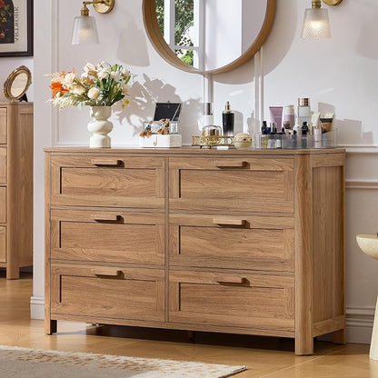 Joaxswe Farmhouse 6 Drawer Dresser for Bedroom, Horizontal Dressers with 6 Deep Drawers & 4 Thickened Table Legs, Brown