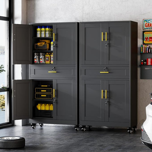 GAIOUS 71” Tall Metal Garage Storage Cabinet with Wheels and Drawer, Steel File Cabinet for Home Office, Tool Cabinet with 4 Locking Doors and 3 Adjustable Shelves, Rolling Cabinet for Garage-Black
