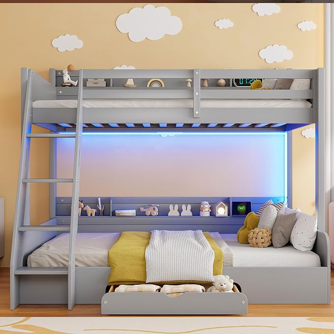 RUNNA Twin Over Full Bunk Bed with Storage Shelves,LED Grey/LED | Charging Station, a Drawer Solid Wood Bunk Bed for Kids, Teens, Adults