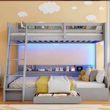 RUNNA Twin Over Full Bunk Bed with Storage Shelves,LED Grey/LED | Charging Station, a Drawer Solid Wood Bunk Bed for Kids, Teens, Adults
