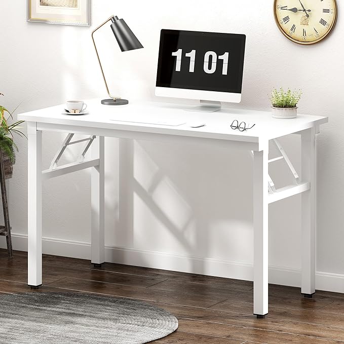 Need 39.4 Inch Folding Desk for Small Spaces, Home Office Computer Desk with White Wood Top & Metal Frame, Foldable Writing Table for Study, Bedroom, Dorm Room & Student