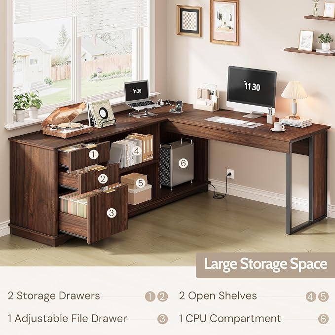 55'' Executive Desk with 3 Fluted Drawers, L Shaped Computer Desk with Lift Desktop & Power Outlets, Storage Shelves, CPU Stand, Industrial Office Desk with Cabinet (Dark Walnut)