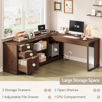 55'' Executive Desk with 3 Fluted Drawers, L Shaped Computer Desk with Lift Desktop & Power Outlets, Storage Shelves, CPU Stand, Industrial Office Desk with Cabinet (Dark Walnut)