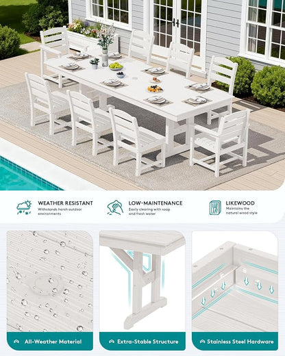 SERWALL 10 Piece 84" HDPE Outdoor Dining Set for 8 with 6 Armless Chair, 2 Armchairs and Umbrella, White