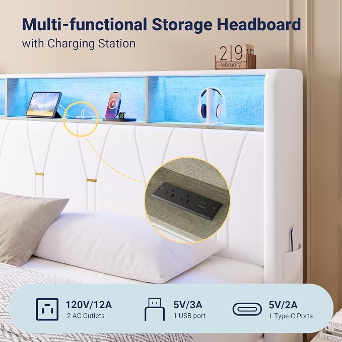 Allewie King Bed Frame with 2-Tier Storage Headboard, Charging Station & LED Lights, Velvet Upholstered Platform Bed with 2 Drawers, Wingback Headboard, Gold Button Tufted, No Box Spring Needed, White