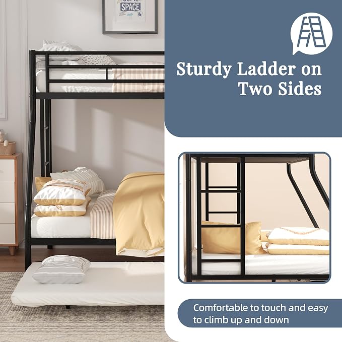 Shintenchi Bunk Bed Twin Over Full Size with Trundle, Heavy-Duty Twin&Full Frame with Full-Length Guardrail and Two Ladders, Triple for Kids, Teens and Adults, Space-Saving, Black