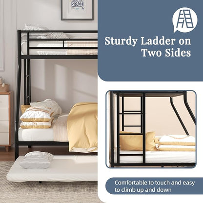 Shintenchi Bunk Bed Twin Over Full Size with Trundle, Heavy-Duty Twin&Full Frame with Full-Length Guardrail and Two Ladders, Triple for Kids, Teens and Adults, Space-Saving, Black