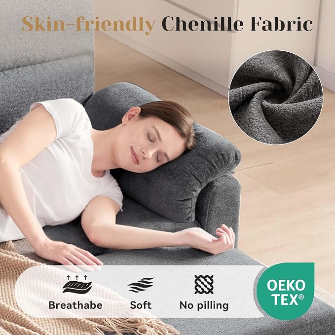 Tbfit 80'' Pull Out Sofa, 3 in 1 Sleeper Sofa Couch with USB & Storage Chaise, Cloud Sofa Bed with Pull Out Bed, Chenille Convertible Sleeper Sofas for Living Room, Small Spaces, Dark Gray
