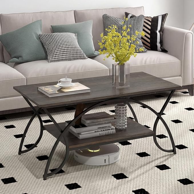 Giantex 2-Tier Coffee Table with Storage, 39.5" Wood Center Table with Open Storage Shelf & Black Finished Metal Frame, Industrial Living Room Table for Small Spaces (Grey Oak)