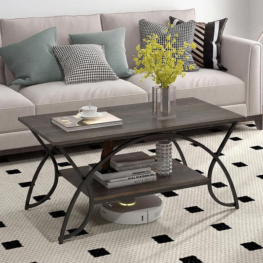 Giantex 2-Tier Coffee Table with Storage, 39.5" Wood Center Table with Open Storage Shelf & Black Finished Metal Frame, Industrial Living Room Table for Small Spaces (Grey Oak)