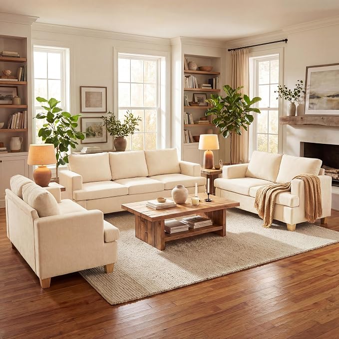 YOUDENOVA Sofa, 3 Piece Set Comfy Sofa, 2 Loveseat & 3 Seater Couch with Deep Seats for Living Room, Modern Sleeper Couch, Beige Chenille