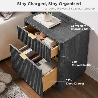 T4TREAM 23'' Fluted Nightstand with Charging Station, Large 2 Drawer Side Table, Modern End Table with Storage, Mid Century Bedside Table for Bedroom, Living Room, Curved Profile, Dark Alder