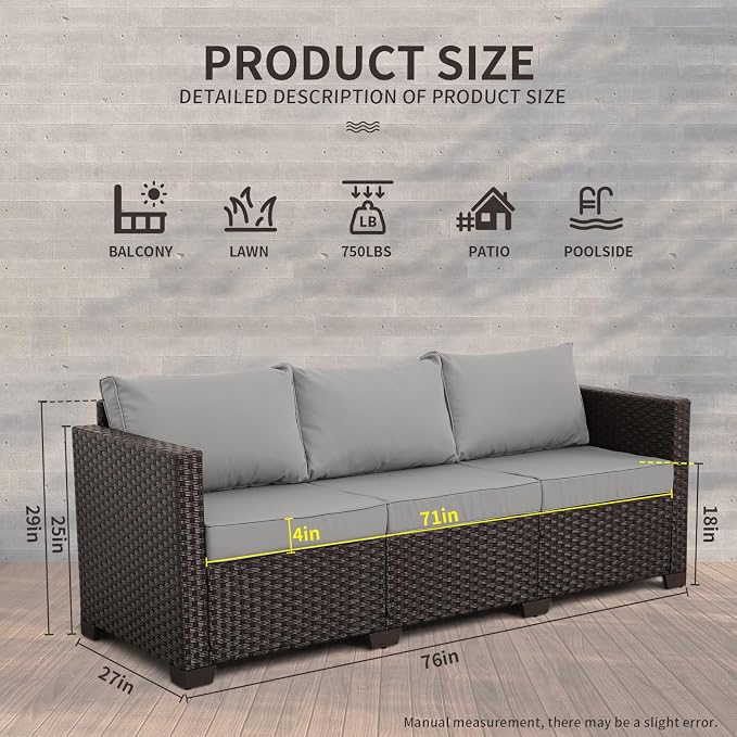WAROOM Patio Couch PE Rattan 3-Seat Outdoor Sofa Brown Wicker Furniture Set Deep Seating with Anti-Slip Grey Cushion